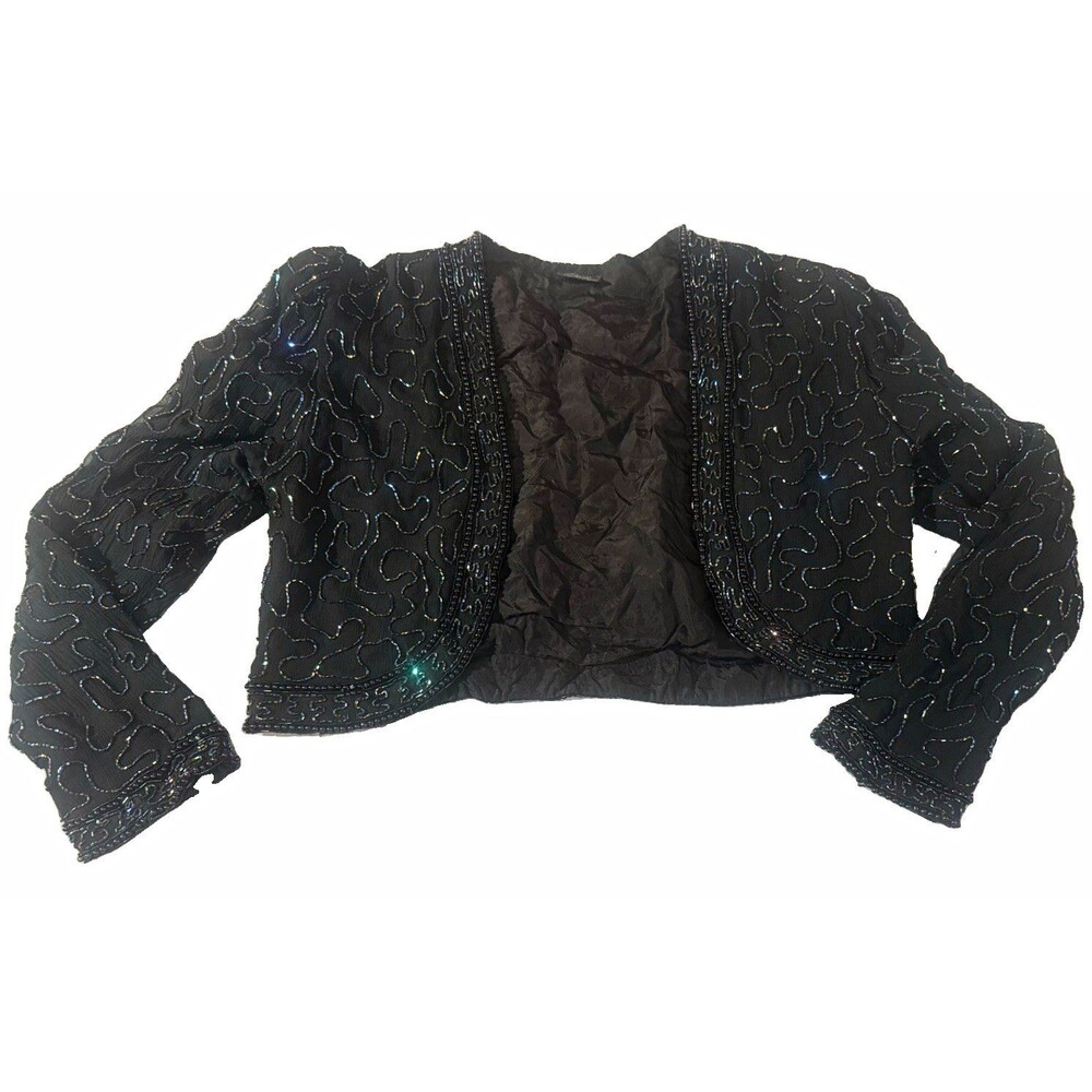 Pure Silk Women's Black Beaded Open Front Bolero/Shrug Jacket Lined Size M